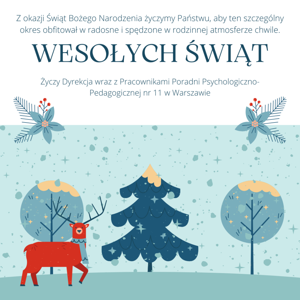 Obrazek świąteczny dwa drzewa i choinka, czerwony renifer na jasnym zielonym tle z padającym sniegiem. Nad obrazkiem życzenia Wesołych Świąt